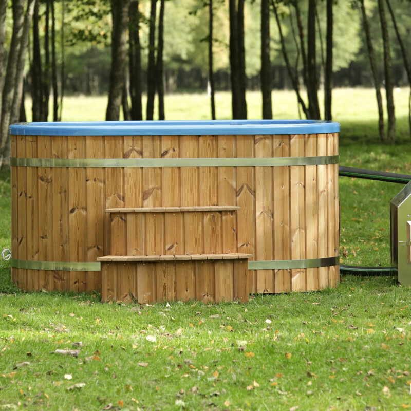 Acrylic square hot tub with external heater and thermo wood cladding