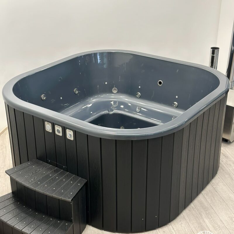 Acrylic square hot tub with external heater and wpc cladding