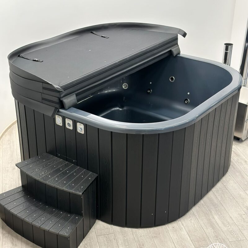 Acrylic square hot tub with external heater and wpc cladding