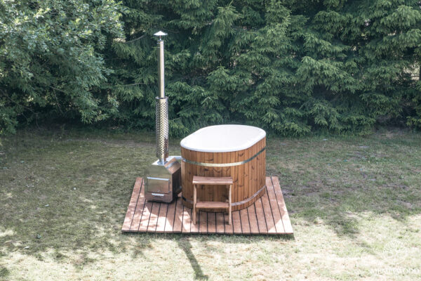 Fiberglass ofuro bath with external heater and thermo wood cladding