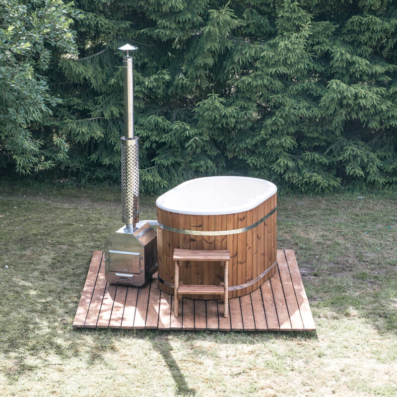 Fiberglass ofuro bath with external heater and thermo wood cladding