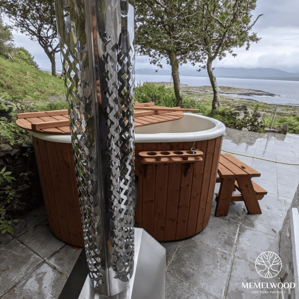 Fiberglass ofuro bath with external heater and thermo wood cladding
