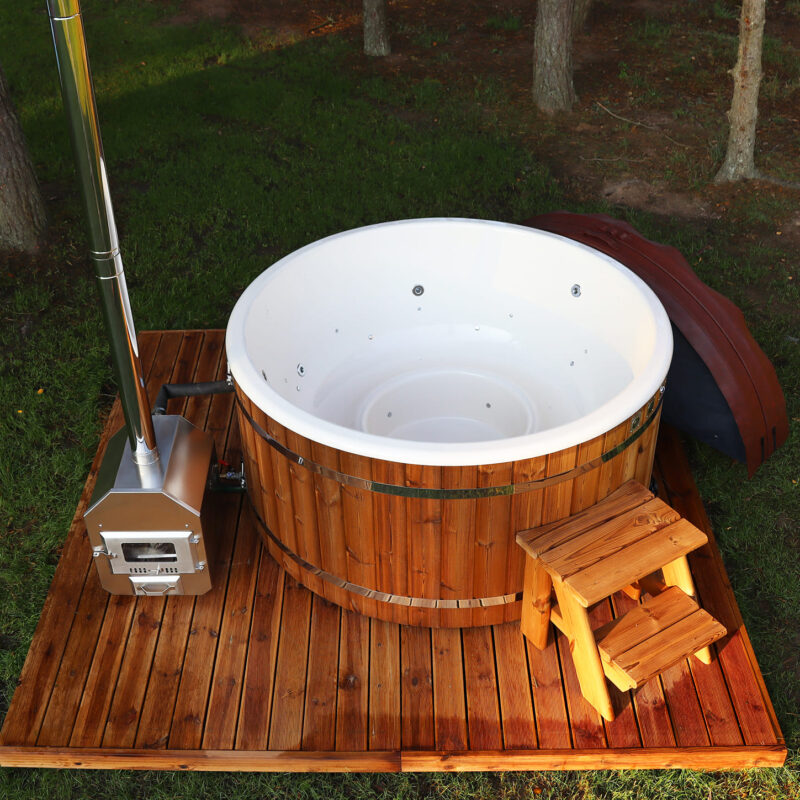 Fiberglass round hot tub with external heater and thermo wood cladding