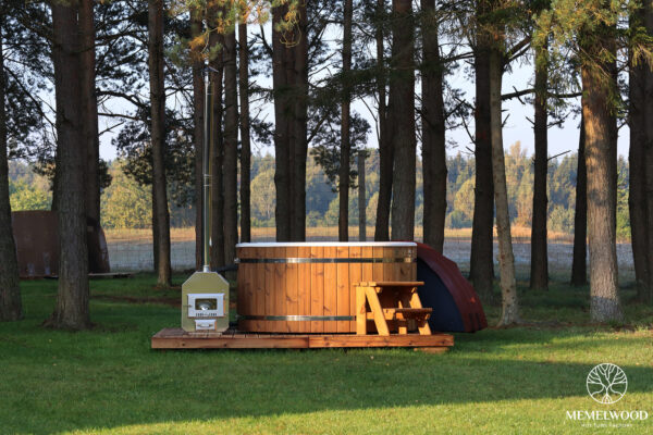 Fiberglass round hot tub with external heater and thermo wood cladding