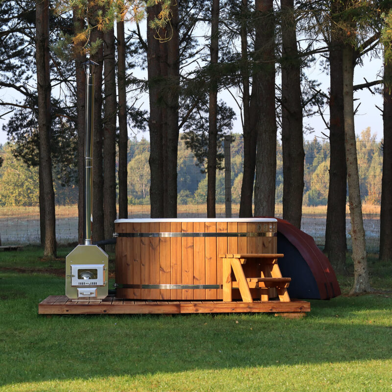 Fiberglass round hot tub with external heater and thermo wood cladding