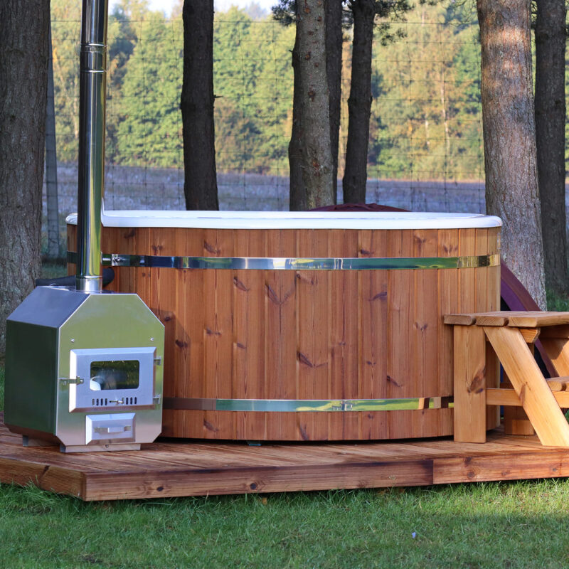 Fiberglass round hot tub with external heater and thermo wood cladding