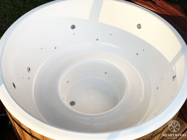 Fiberglass round hot tub with external heater and thermo wood cladding