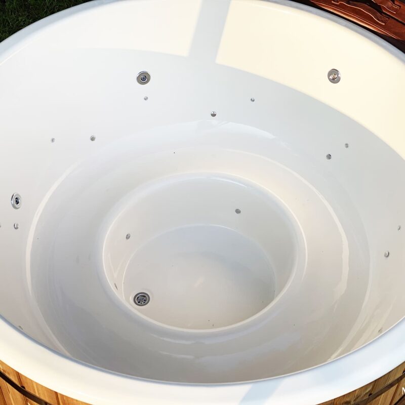 Fiberglass round hot tub with external heater and thermo wood cladding