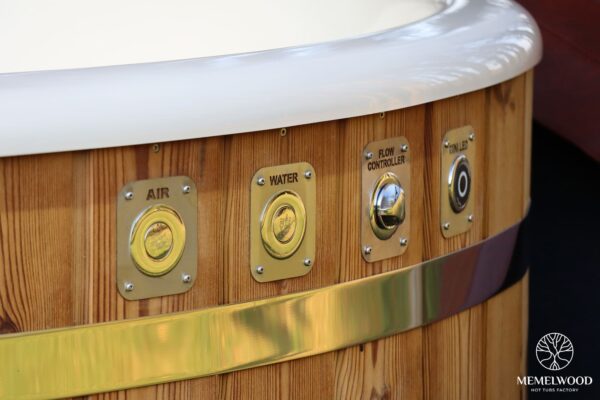 Fiberglass round hot tub with external heater and thermo wood cladding