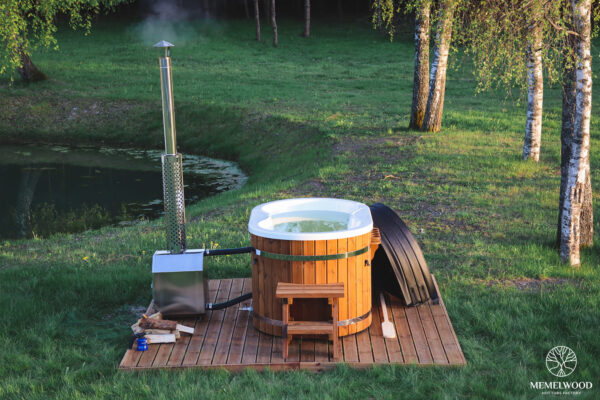 Acrylic ofuro bath with external heater and thermo wood cladding