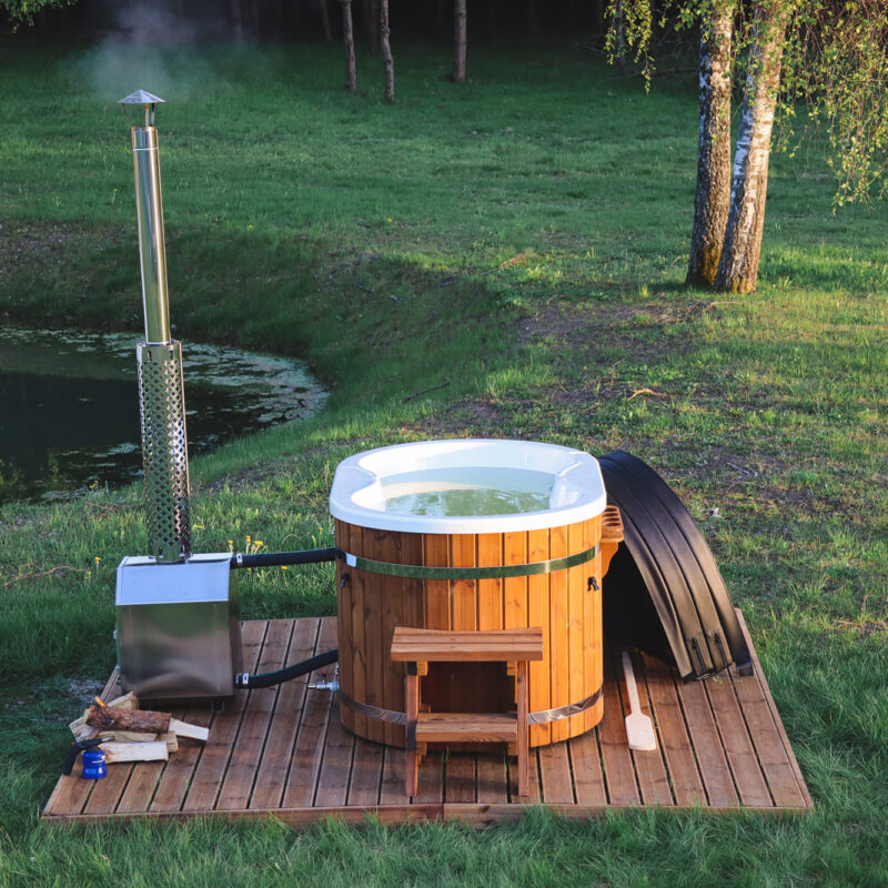 Acrylic ofuro bath with external heater and thermo wood cladding