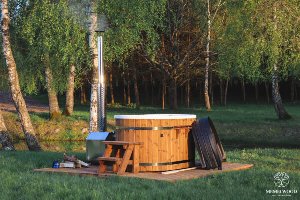 Acrylic ofuro bath with external heater and thermo wood cladding