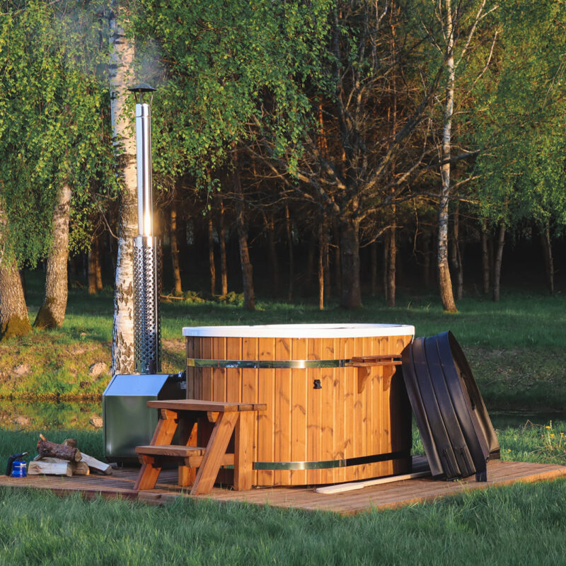 Acrylic ofuro bath with external heater and thermo wood cladding