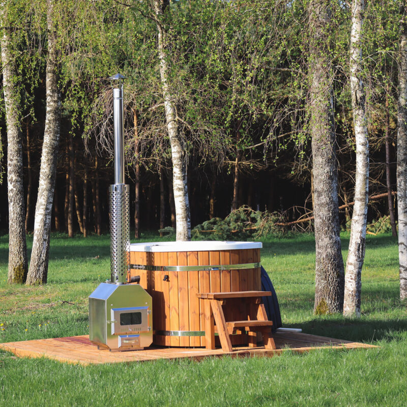 Acrylic ofuro bath with external heater and thermo wood cladding