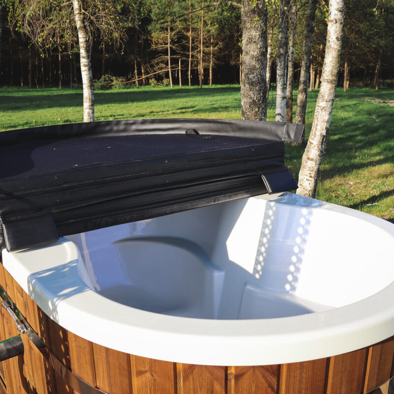 Acrylic ofuro bath with external heater and thermo wood cladding