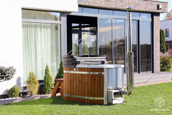 Acrylic ofuro bath with integrated heater and thermo wood cladding