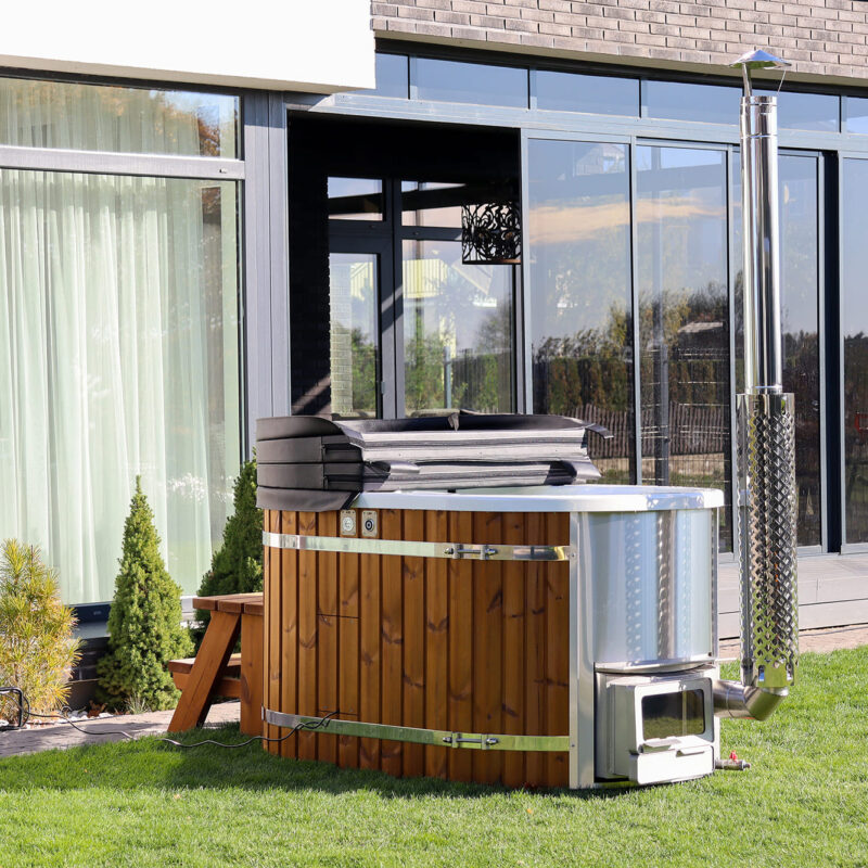 Acrylic ofuro bath with integrated heater and thermo wood cladding