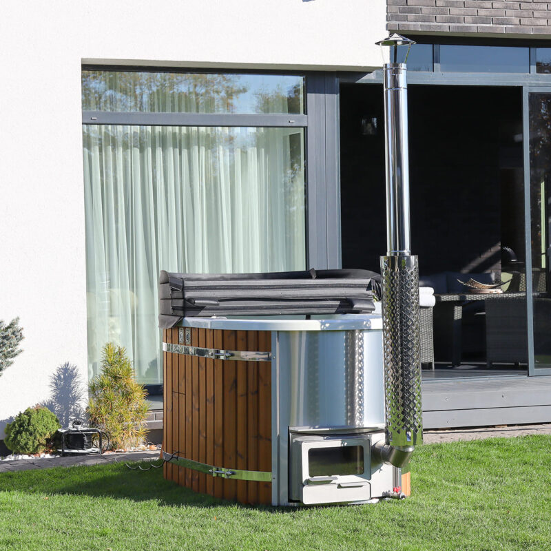 Acrylic ofuro bath with integrated heater and thermo wood cladding