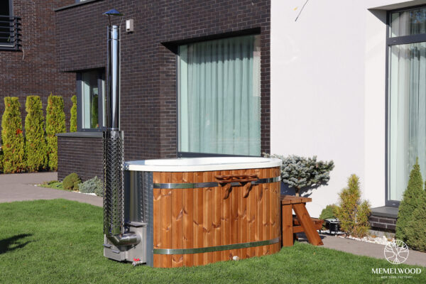 Acrylic ofuro bath with integrated heater and thermo wood cladding