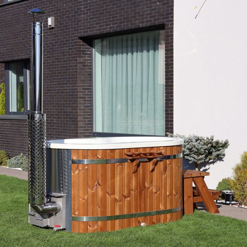 Acrylic ofuro bath with integrated heater and thermo wood cladding