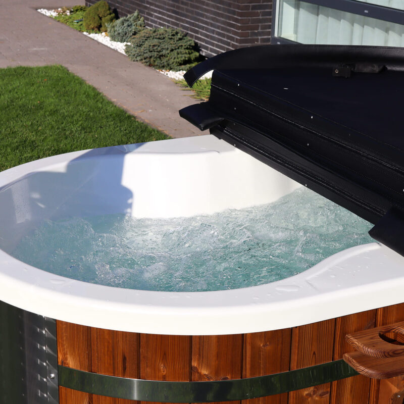 Acrylic ofuro bath with integrated heater and thermo wood cladding