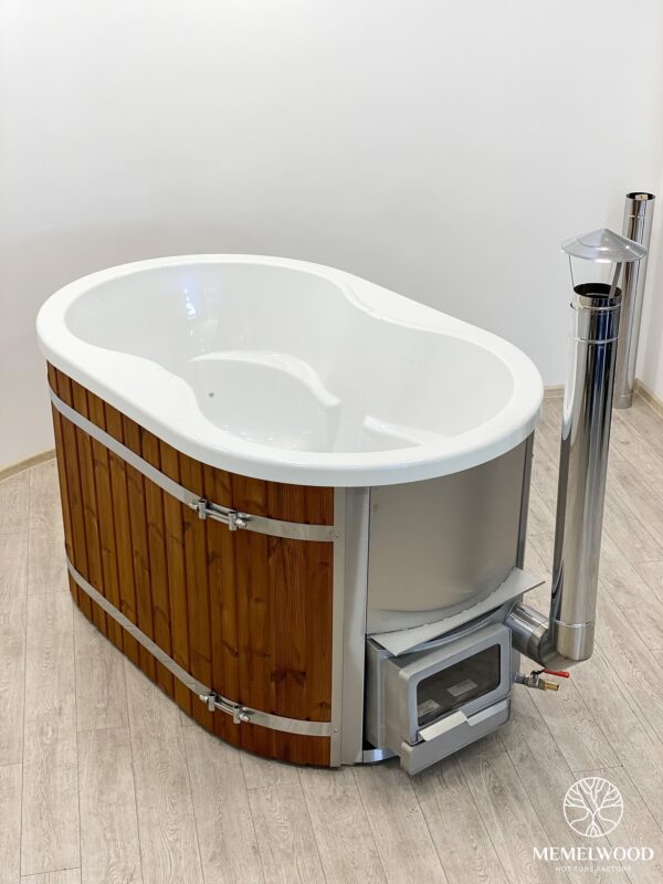 Acrylic ofuro bath with integrated heater and thermo wood cladding