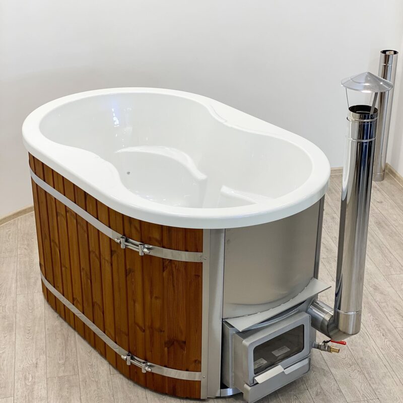 Acrylic ofuro bath with integrated heater and thermo wood cladding