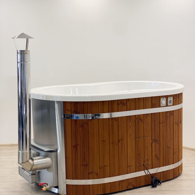 Acrylic ofuro bath with integrated heater and thermo wood cladding