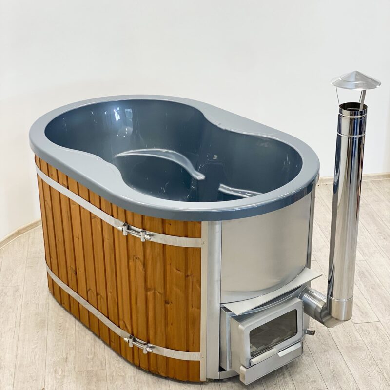 Acrylic ofuro bath with integrated heater and thermo wood cladding