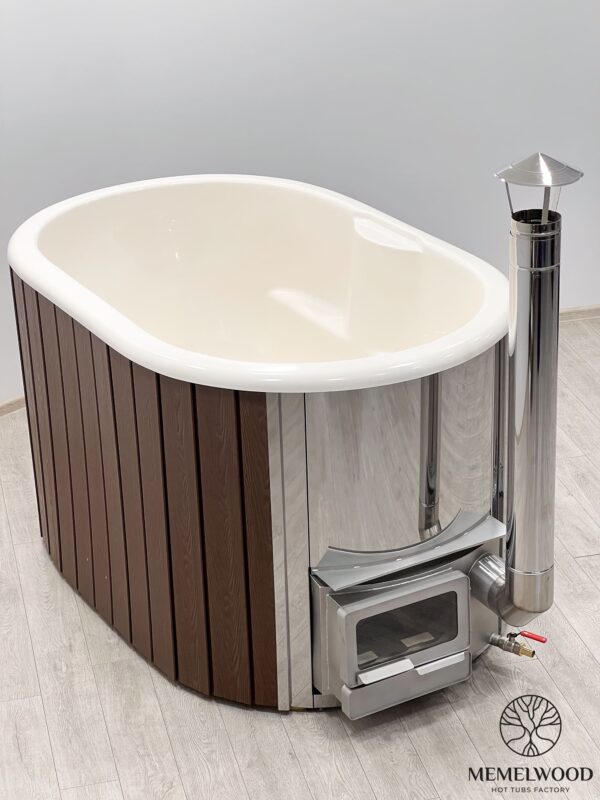 Fiberglass ofuro bath with integrated heater and wpc cladding