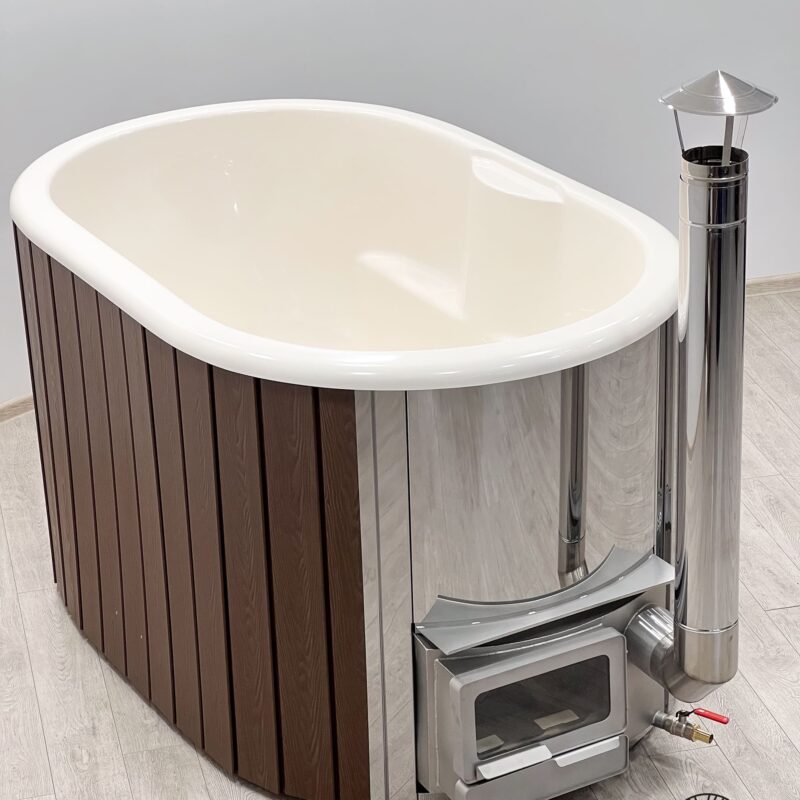 Fiberglass ofuro bath with integrated heater and wpc cladding