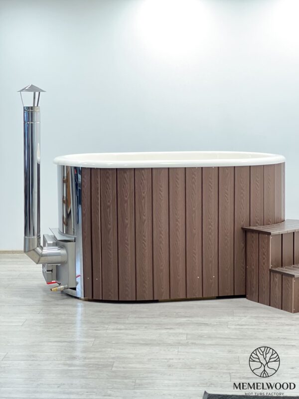 Fiberglass ofuro bath with integrated heater and wpc cladding