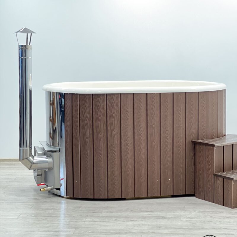 Fiberglass ofuro bath with integrated heater and wpc cladding