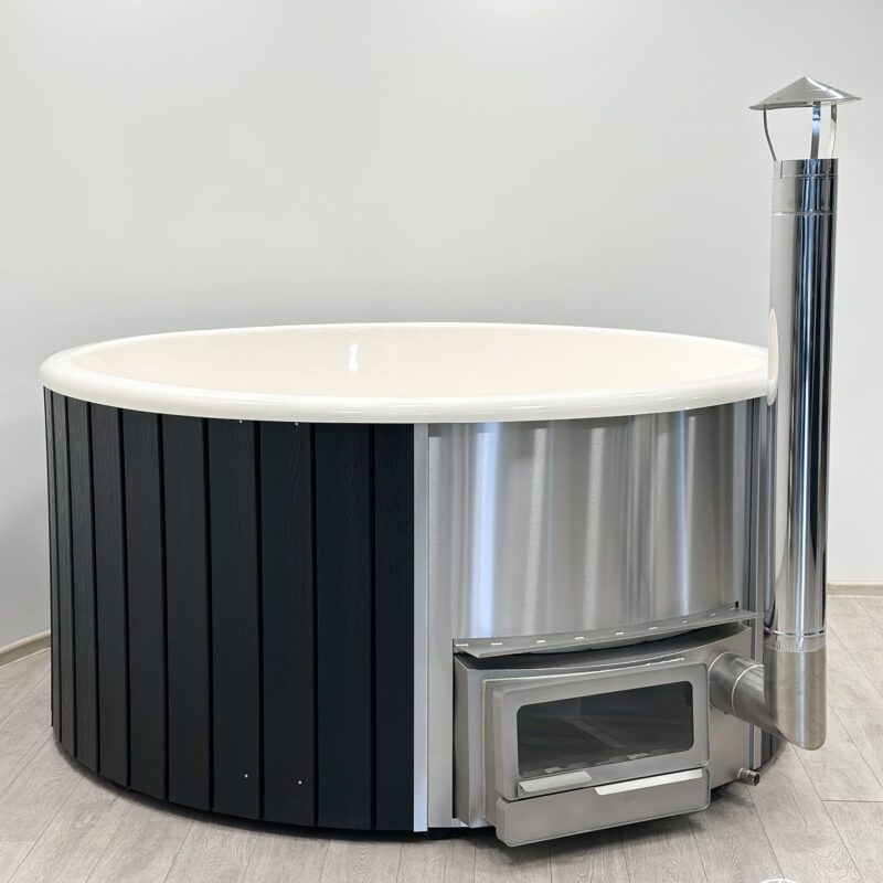 Fiberglass round hot tub with horizon heater and wpc cladding