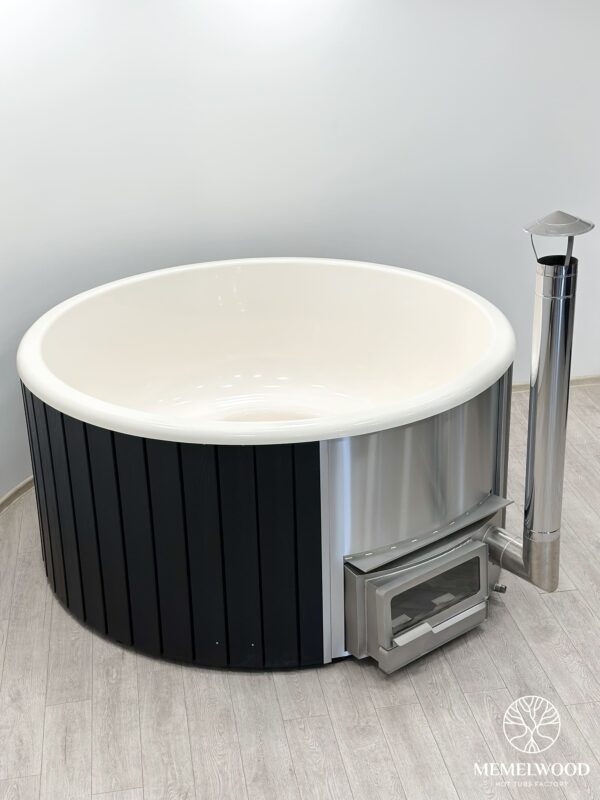 Fiberglass round hot tub with horizon heater and wpc cladding