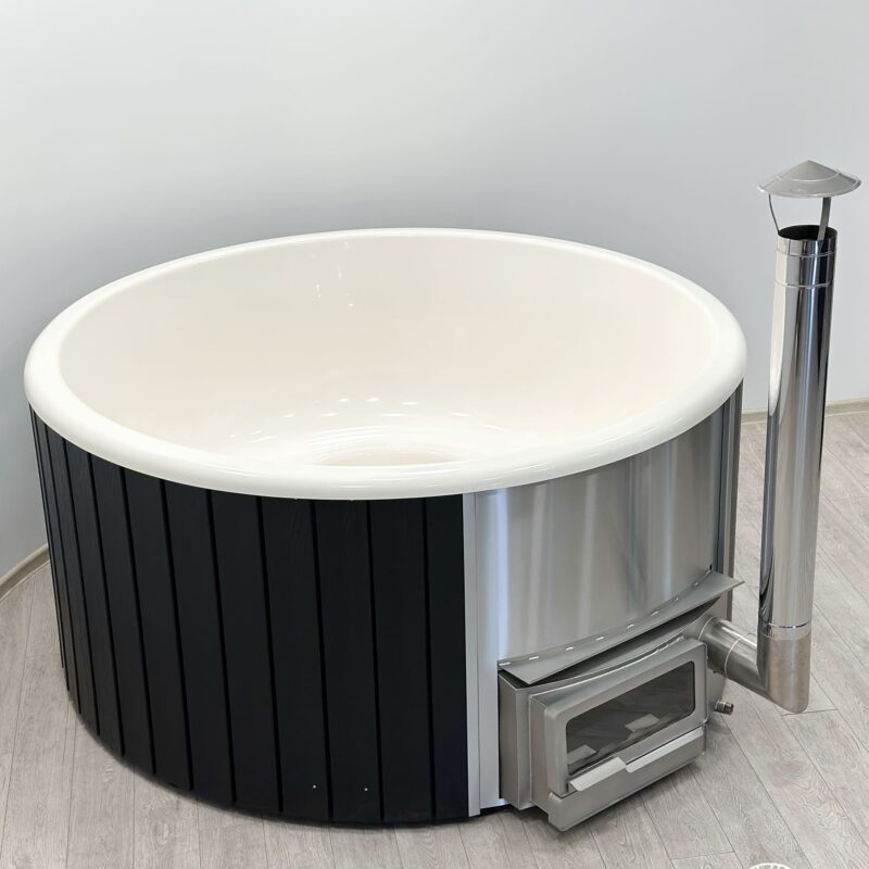 Fiberglass round hot tub with horizon heater and wpc cladding